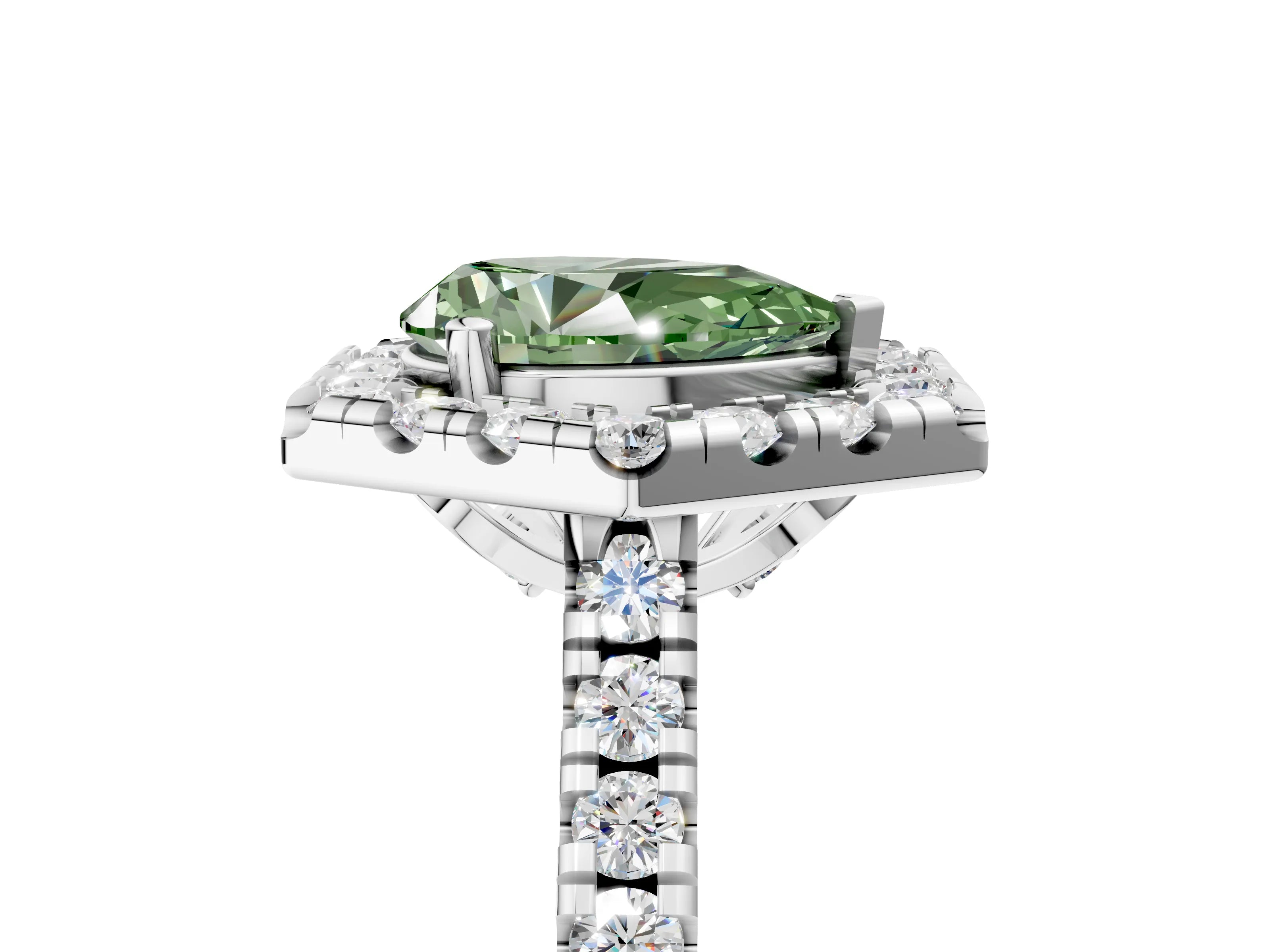 White gold Hexagonal Halo Fancy Green Pear Cut Diamond Pavé Band with Four-Prong Setting_5