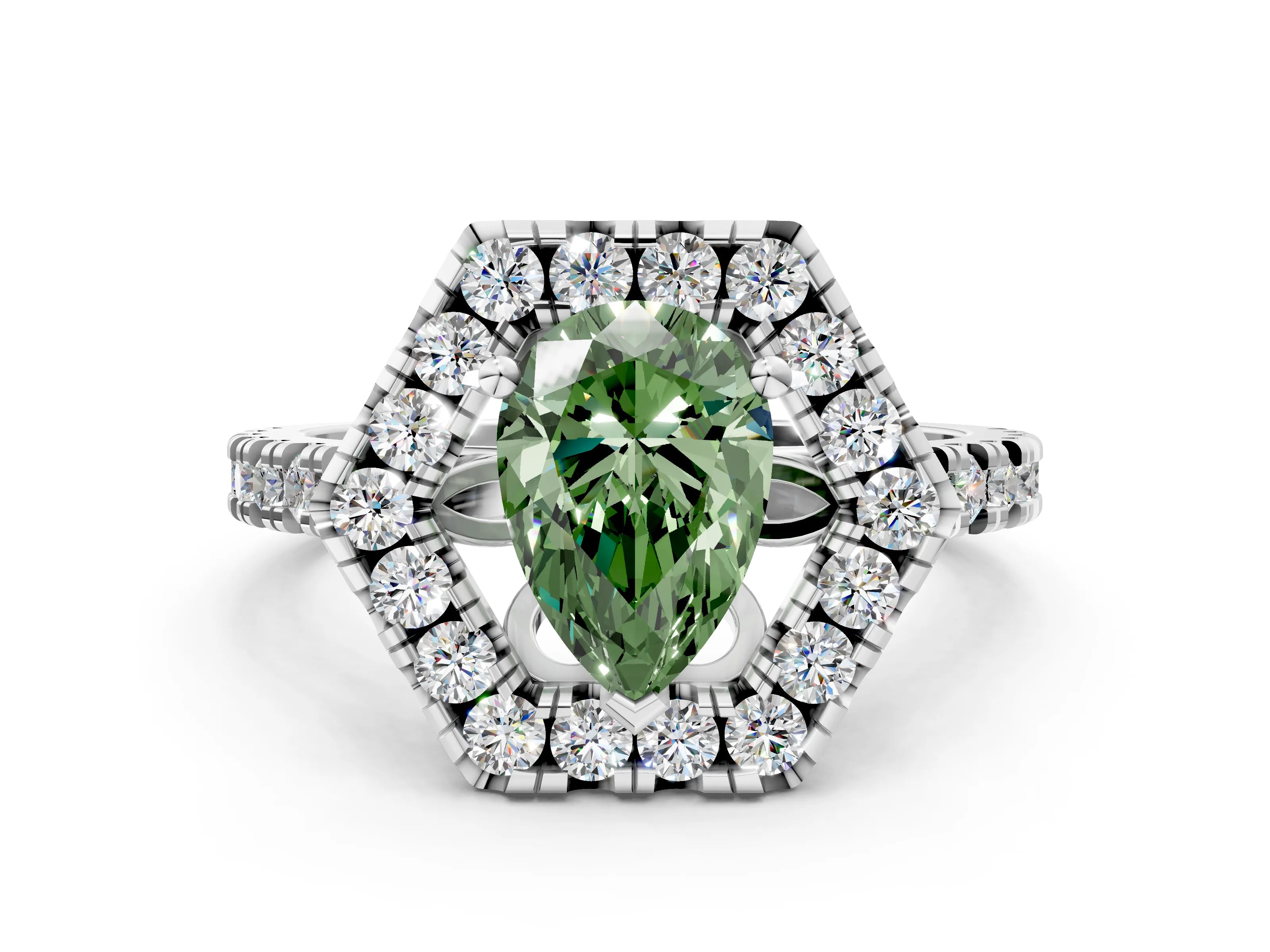 White gold Hexagonal Halo Fancy Green Pear Cut Diamond Pavé Band with Four-Prong Setting