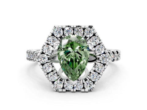 White gold Hexagonal Halo Fancy Green Pear Cut Diamond Pavé Band with Four-Prong Setting