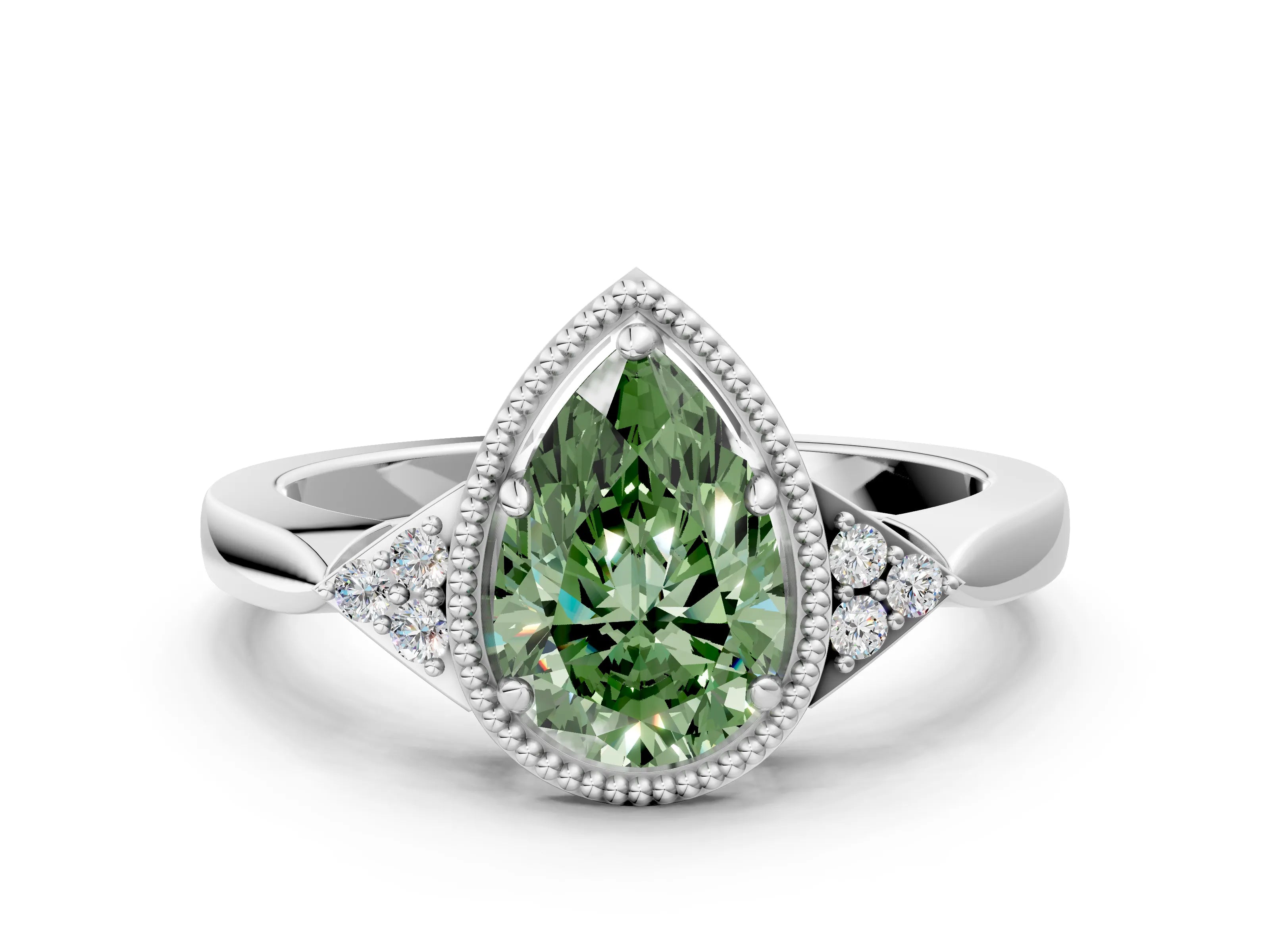 White gold Hexagonal Halo Fancy Green Pear Cut Diamond Solitaire with Pavé Band and Four-Prong Setting_15