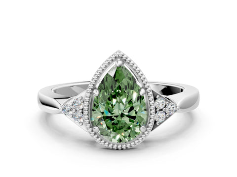 White gold Hexagonal Halo Fancy Green Pear Cut Diamond Solitaire with Pavé Band and Four-Prong Setting_15