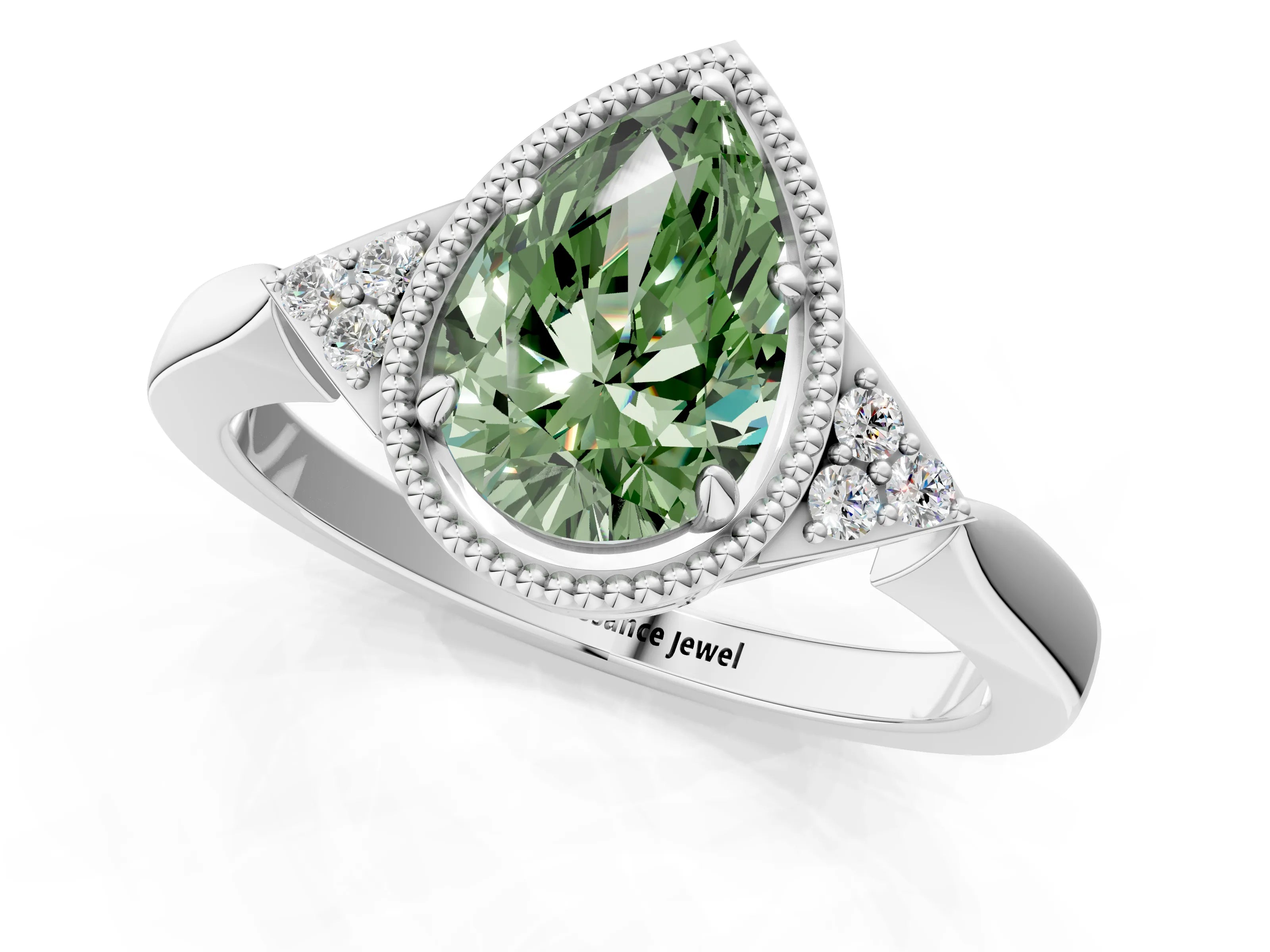 White gold Hexagonal Halo Fancy Green Pear Cut Diamond Solitaire with Pavé Band and Four-Prong Setting_16