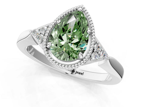 White gold Hexagonal Halo Fancy Green Pear Cut Diamond Solitaire with Pavé Band and Four-Prong Setting_16