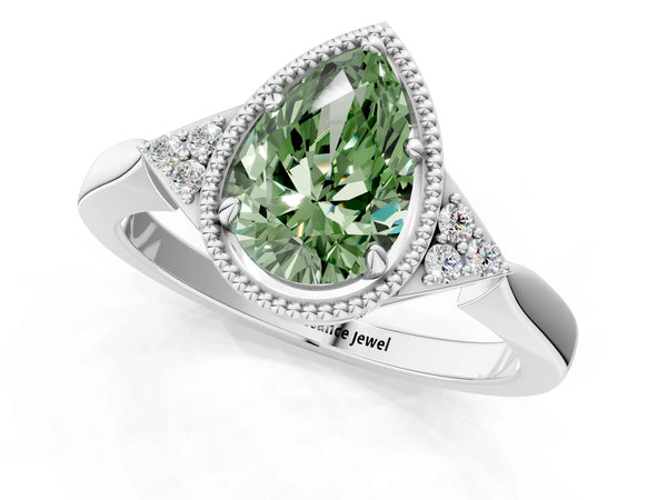 White gold Hexagonal Halo Fancy Green Pear Cut Diamond Solitaire with Pavé Band and Four-Prong Setting