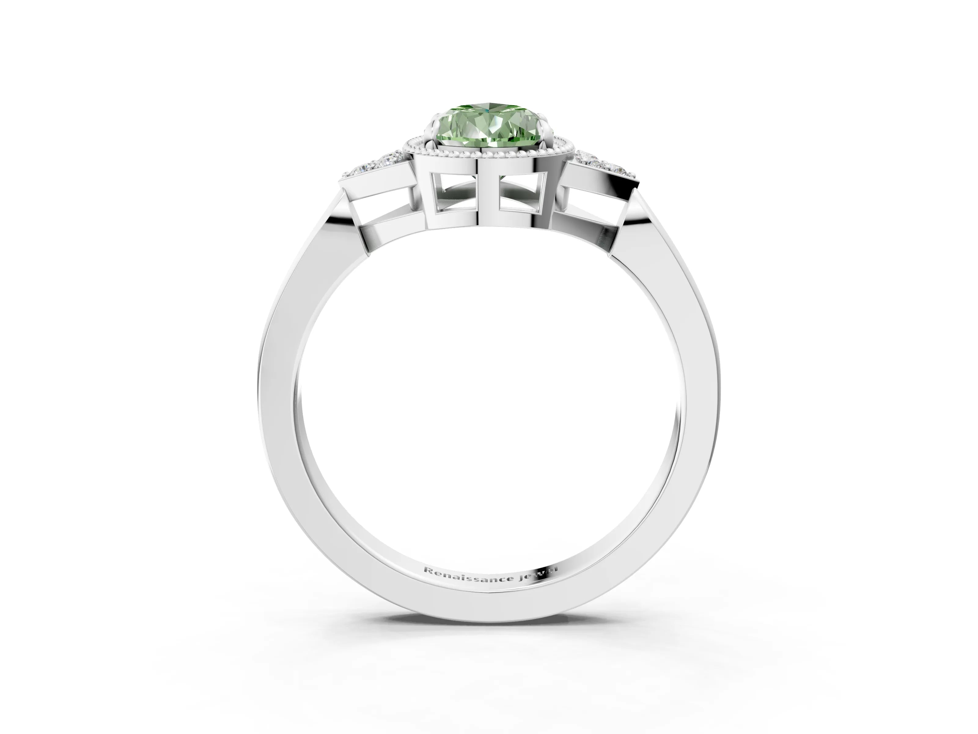 White gold Hexagonal Halo Fancy Green Pear Cut Diamond Solitaire with Pavé Band and Four-Prong Setting_18