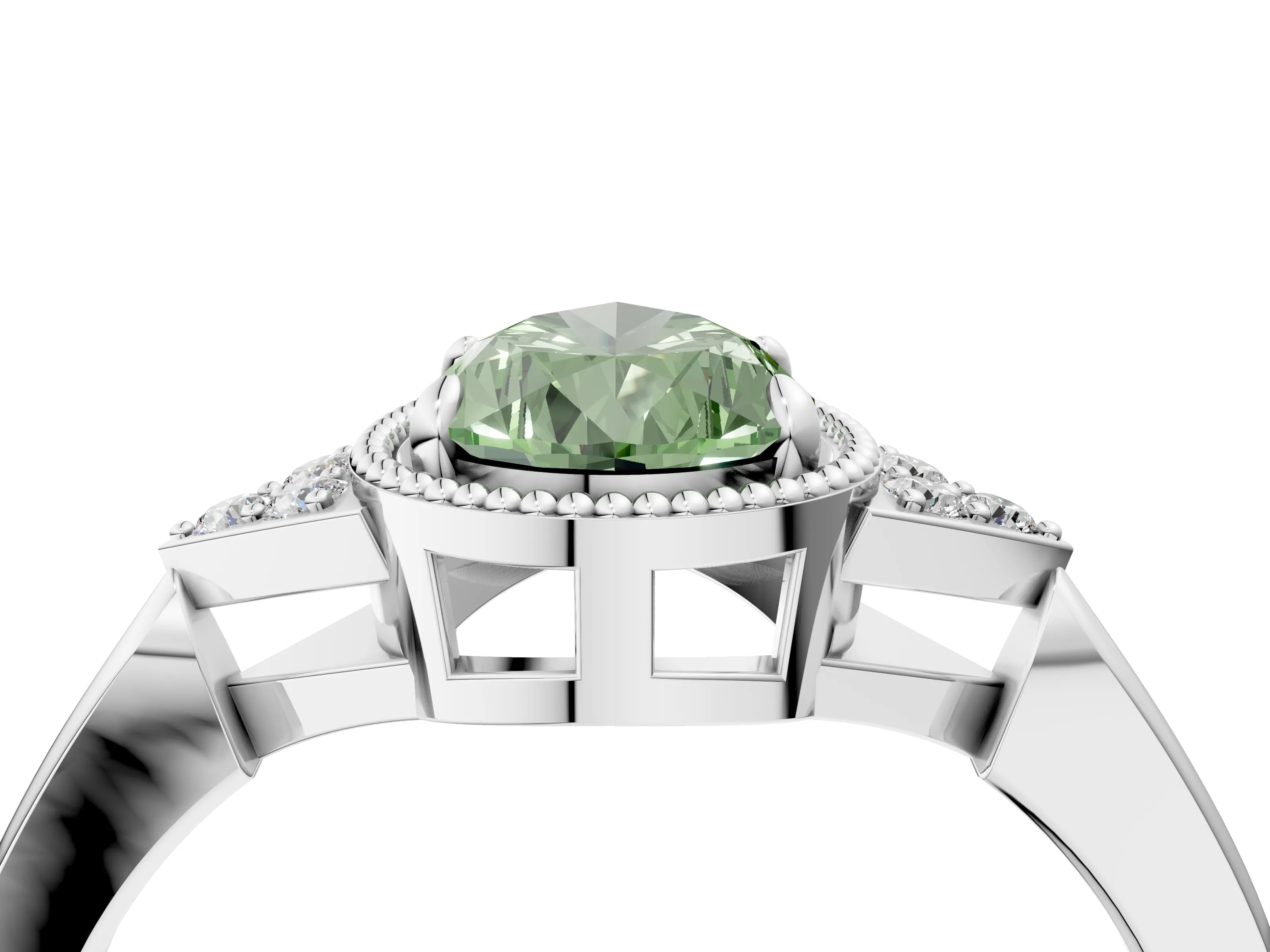 White gold Hexagonal Halo Fancy Green Pear Cut Diamond Solitaire with Pavé Band and Four-Prong Setting_19