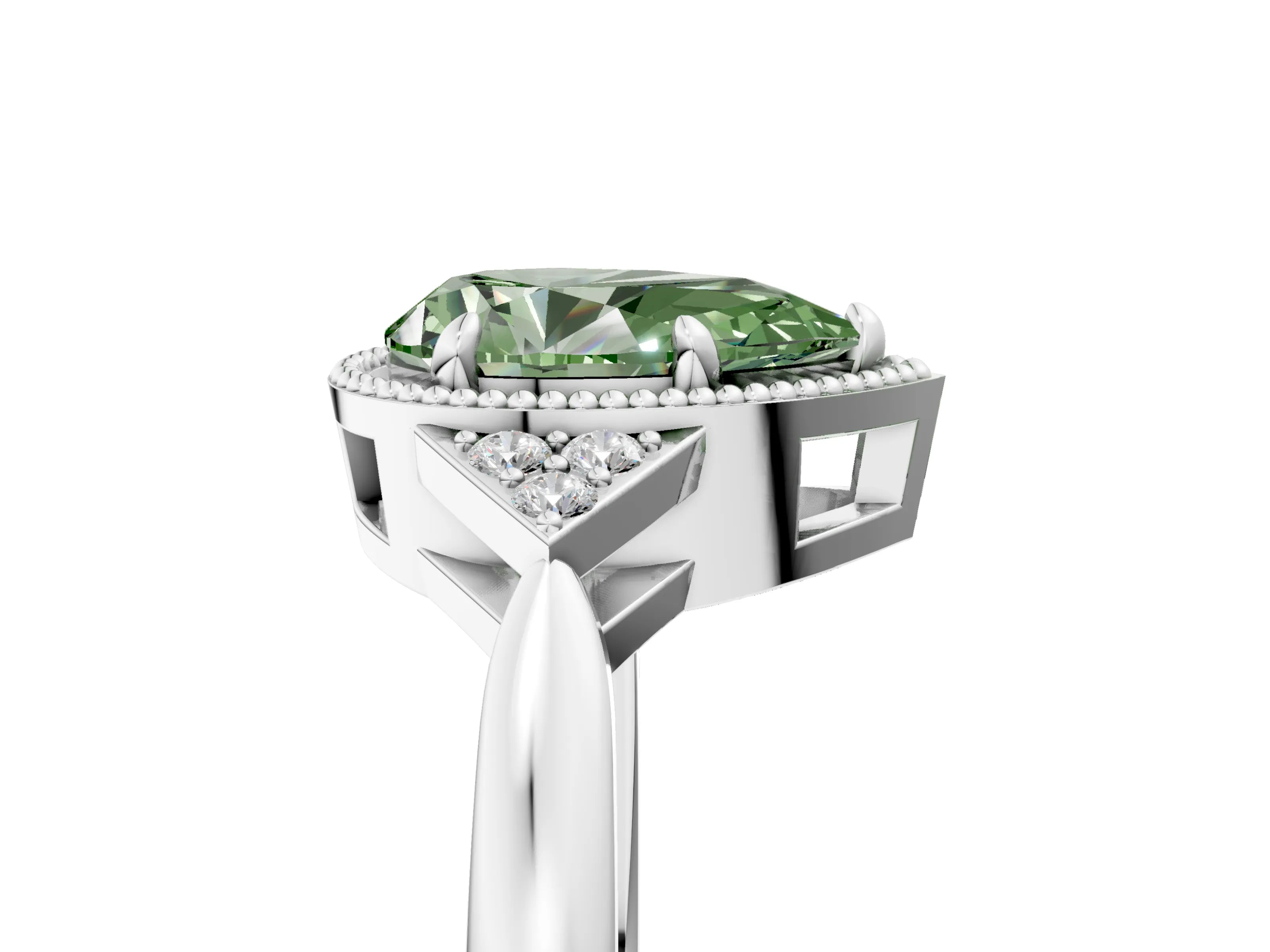 White gold Hexagonal Halo Fancy Green Pear Cut Diamond Solitaire with Pavé Band and Four-Prong Setting_20