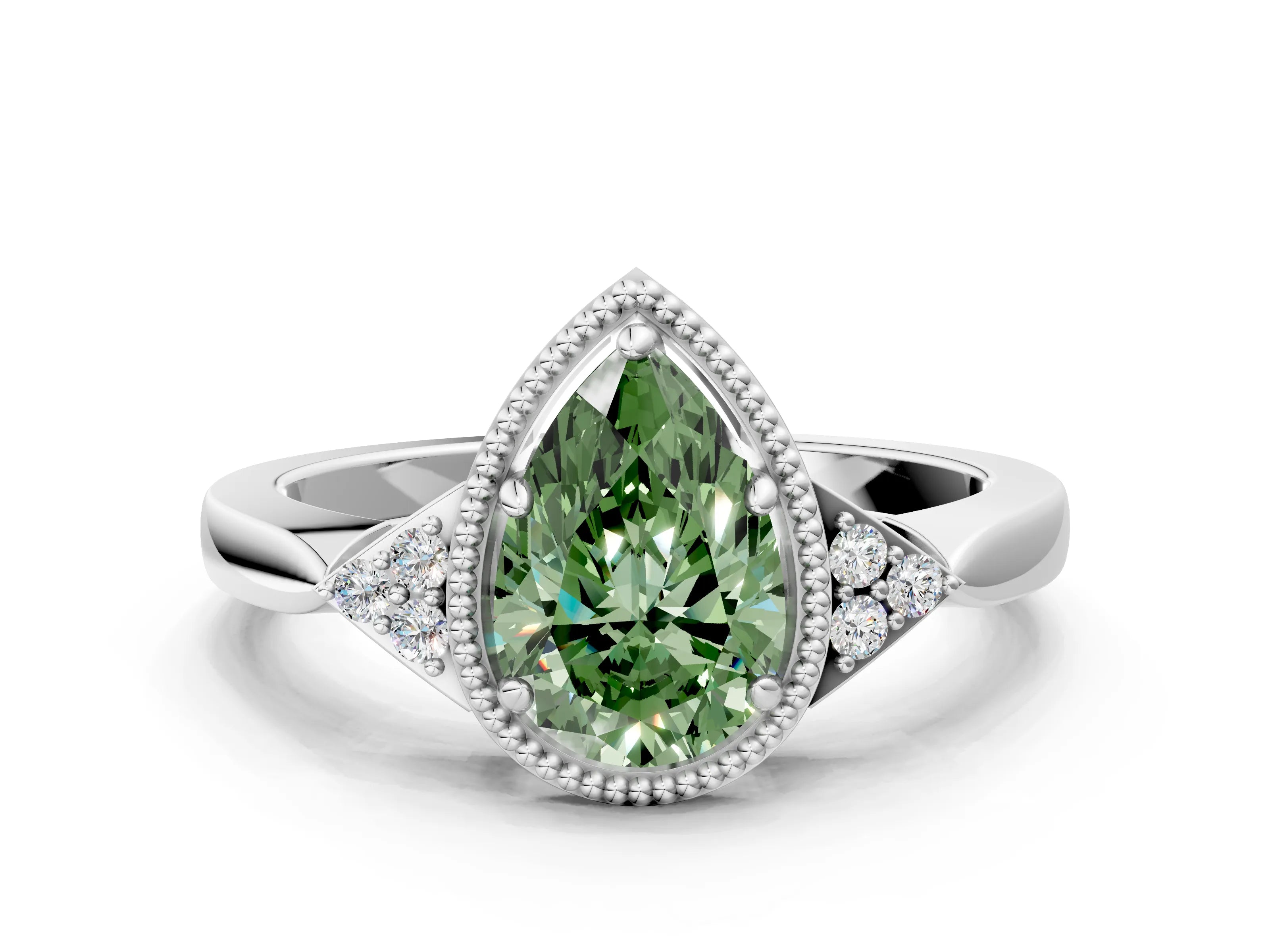 White gold Hexagonal Halo Fancy Green Pear Cut Diamond Solitaire with Pavé Band and Four-Prong Setting_3