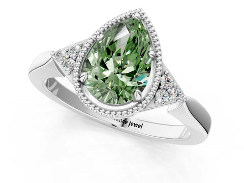 White gold Hexagonal Halo Fancy Green Pear Cut Diamond Solitaire with Pavé Band and Four-Prong Setting_4