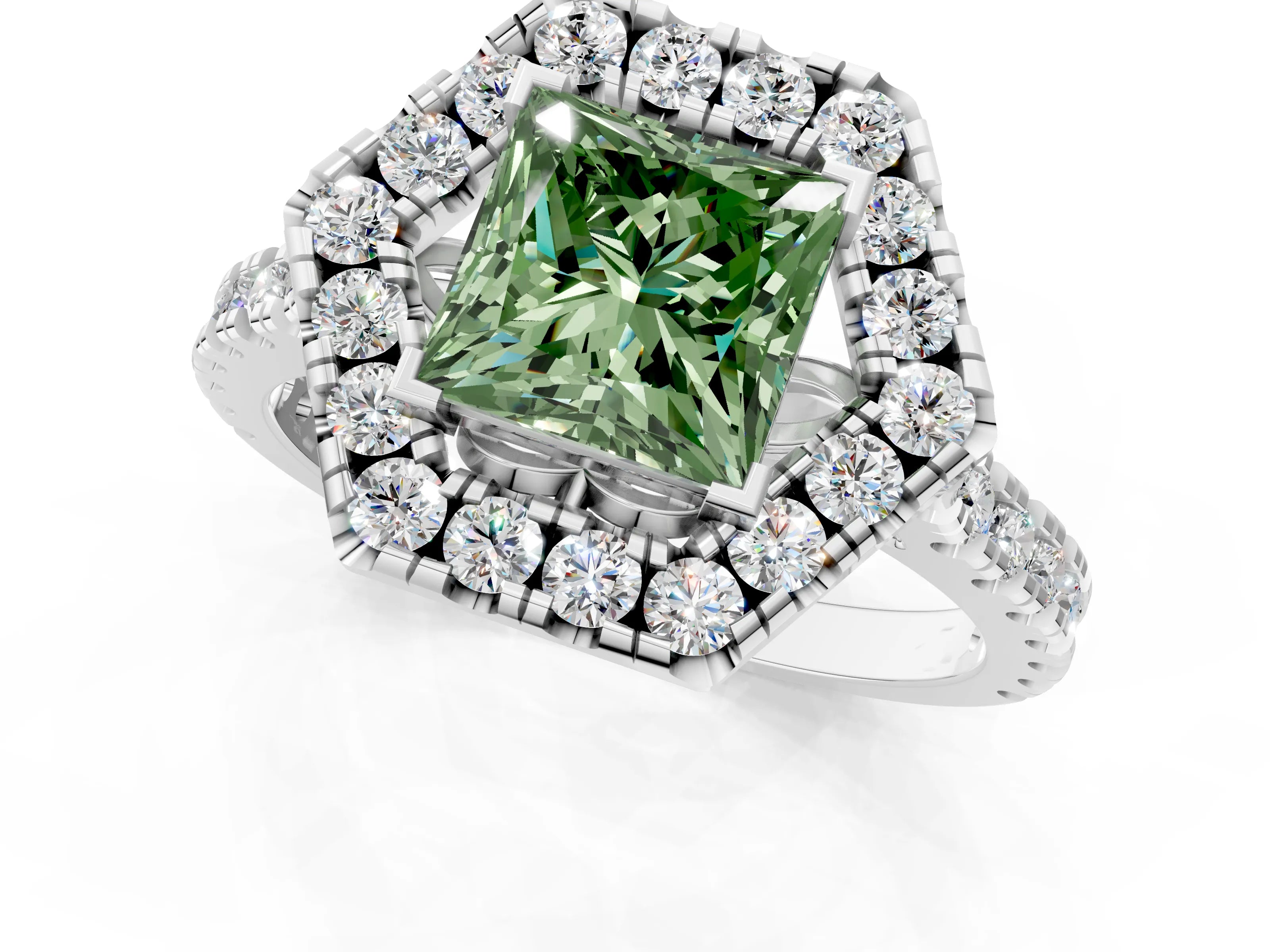 White gold Hexagonal Halo Fancy Green Princess Cut Diamond Pavé Band with Four-Prong Setting_1