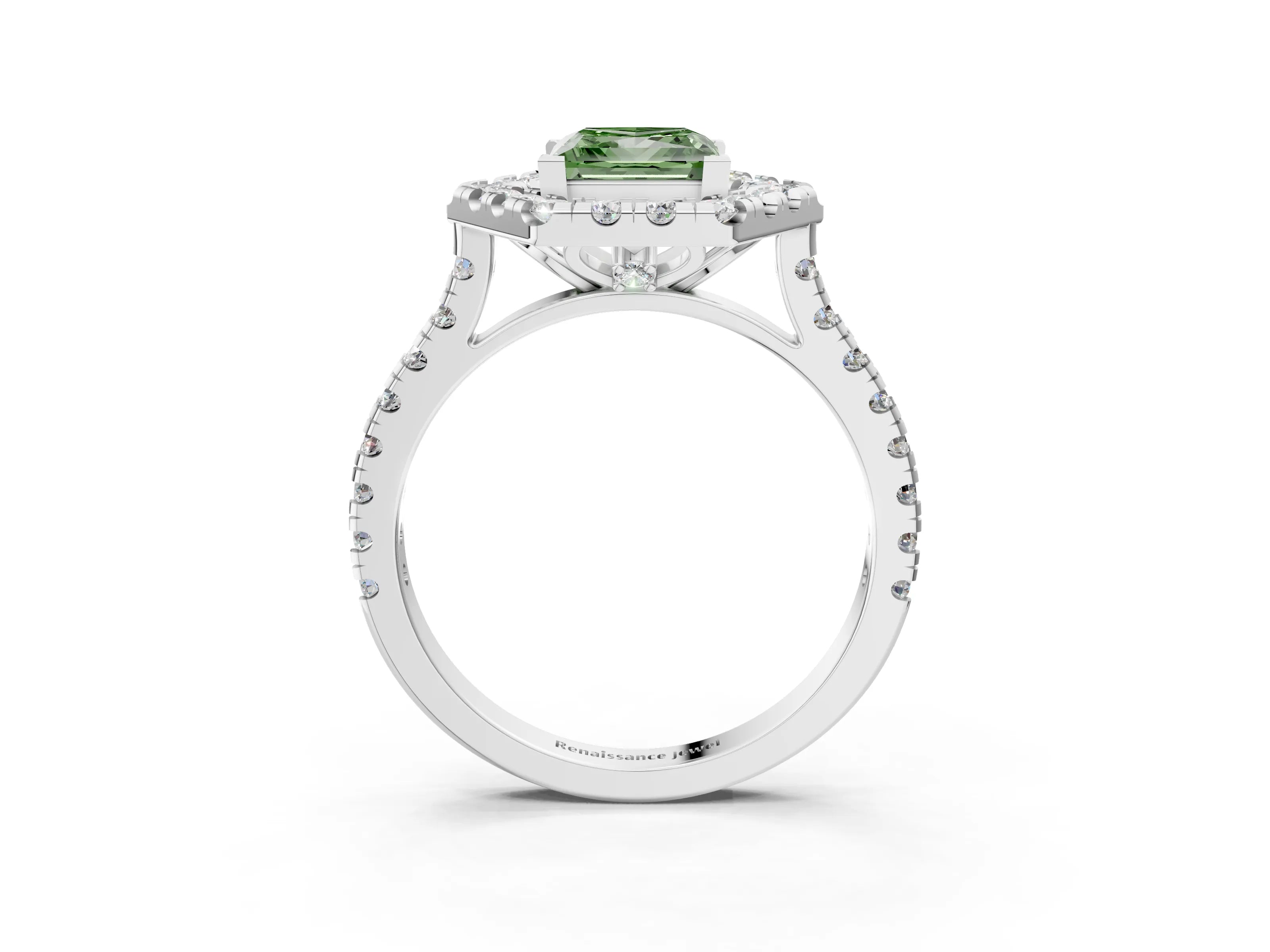 White gold Hexagonal Halo Fancy Green Princess Cut Diamond Pavé Band with Four-Prong Setting_3
