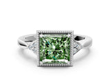 White gold Hexagonal Halo Fancy Green Princess Cut Diamond Solitaire with Pavé Band and Four-Prong Setting_15