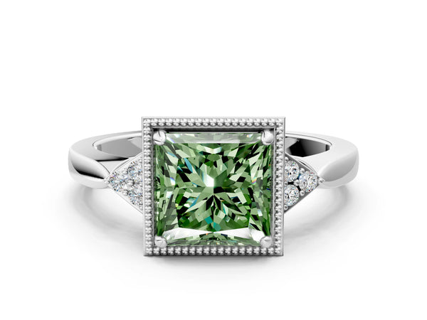 White gold Hexagonal Halo Fancy Green Princess Cut Diamond Solitaire with Pavé Band and Four-Prong Setting