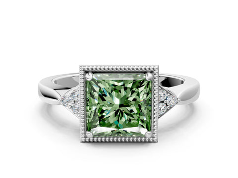 White gold Hexagonal Halo Fancy Green Princess Cut Diamond Solitaire with Pavé Band and Four-Prong Setting_15