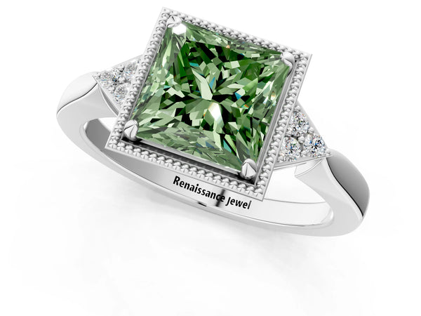 White gold Hexagonal Halo Fancy Green Princess Cut Diamond Solitaire with Pavé Band and Four-Prong Setting
