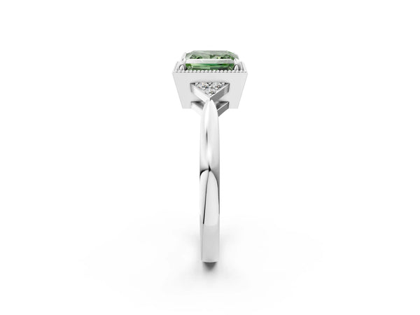White gold Hexagonal Halo Fancy Green Princess Cut Diamond Solitaire with Pavé Band and Four-Prong Setting