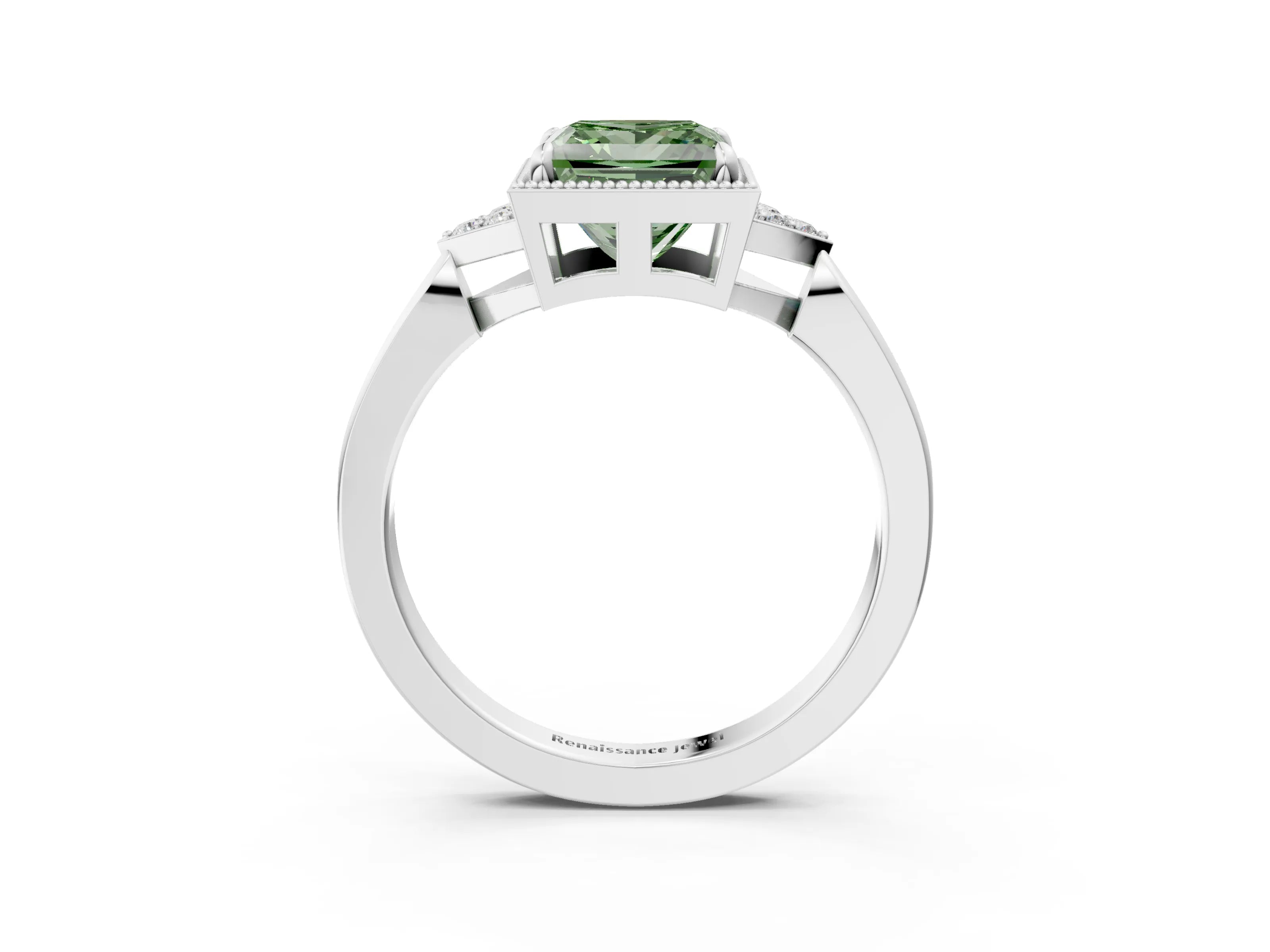 White gold Hexagonal Halo Fancy Green Princess Cut Diamond Solitaire with Pavé Band and Four-Prong Setting_18