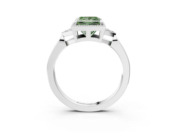 White gold Hexagonal Halo Fancy Green Princess Cut Diamond Solitaire with Pavé Band and Four-Prong Setting