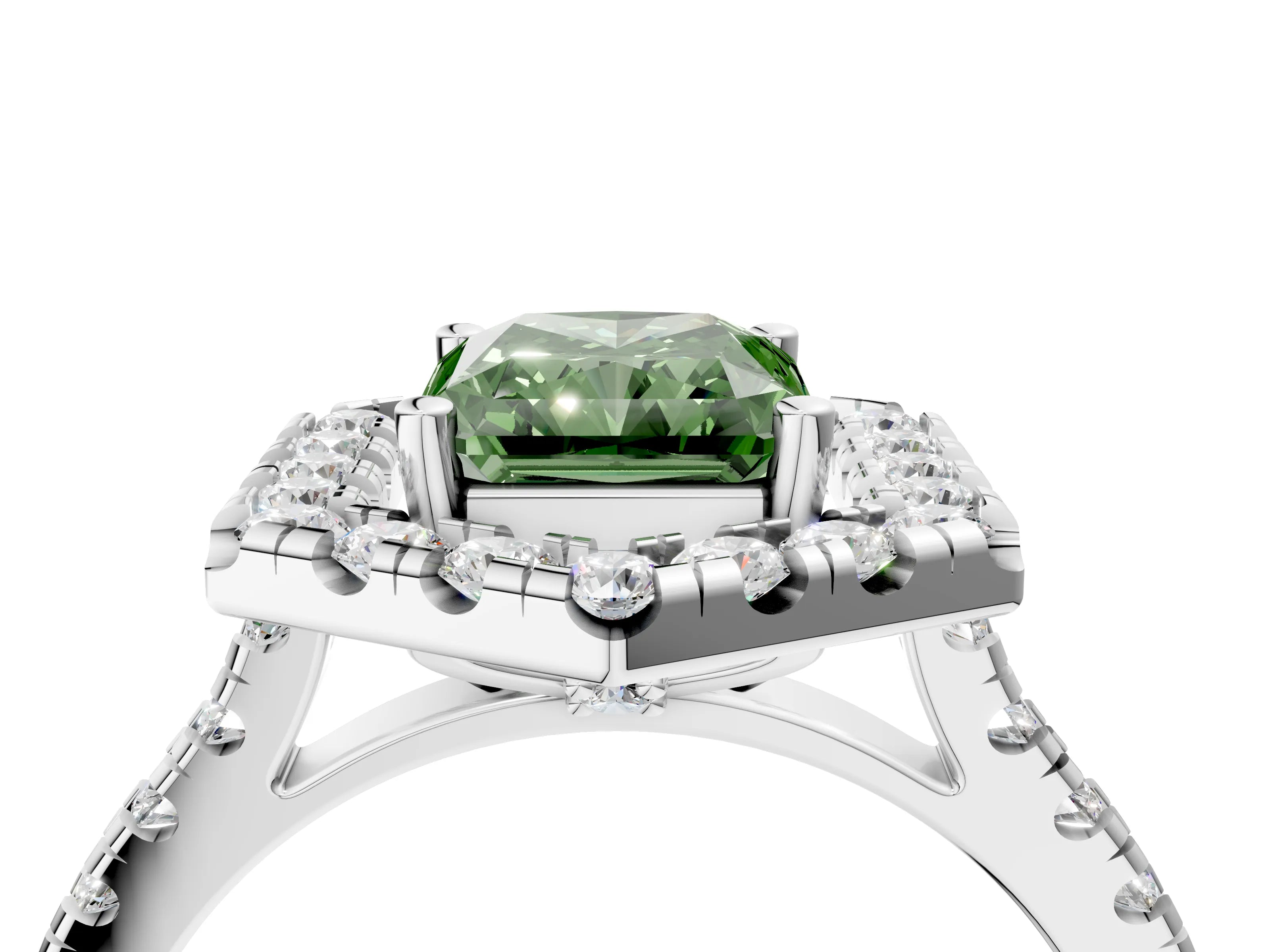 White gold Hexagonal Halo Fancy Green Radiant Cut Diamond Pavé Band with Four-Prong Setting_4