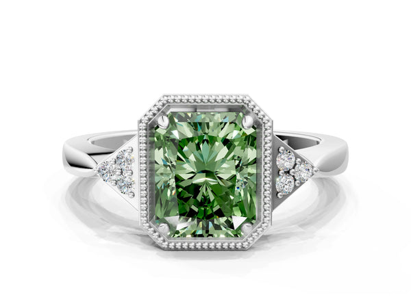 Platinum Hexagonal Halo Fancy Green Radiant Cut Diamond Solitaire with Pavé Band and Four-Prong Setting