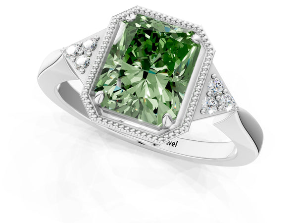 Platinum Hexagonal Halo Fancy Green Radiant Cut Diamond Solitaire with Pavé Band and Four-Prong Setting