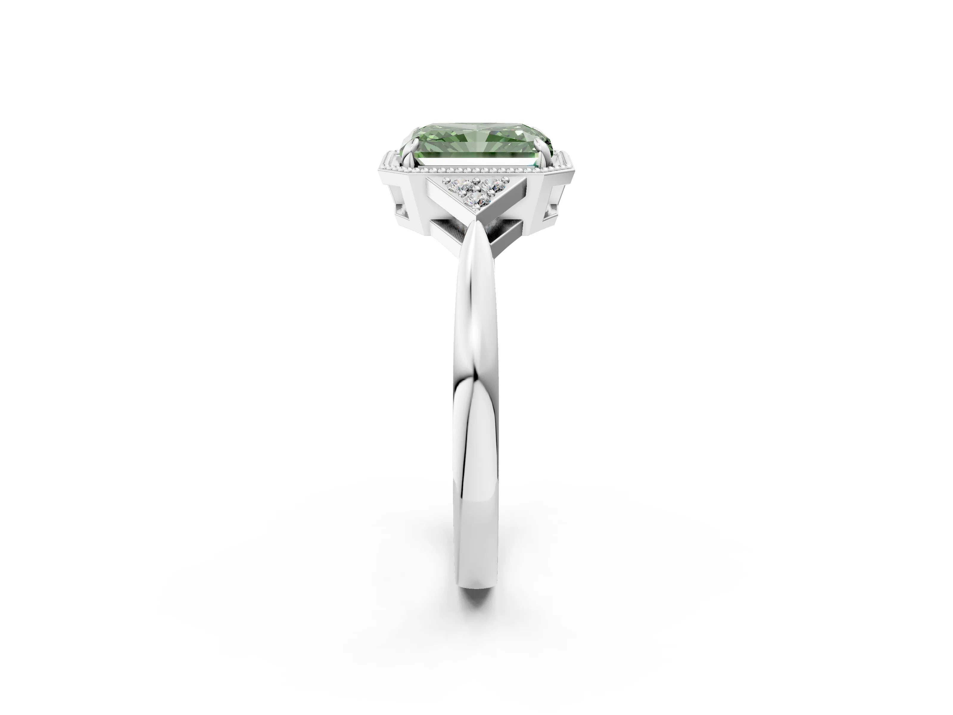 White gold Hexagonal Halo Fancy Green Radiant Cut Diamond Solitaire with Pavé Band and Four-Prong Setting_17