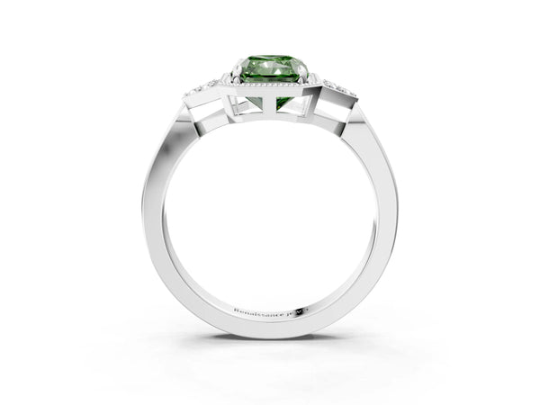 Platinum Hexagonal Halo Fancy Green Radiant Cut Diamond Solitaire with Pavé Band and Four-Prong Setting