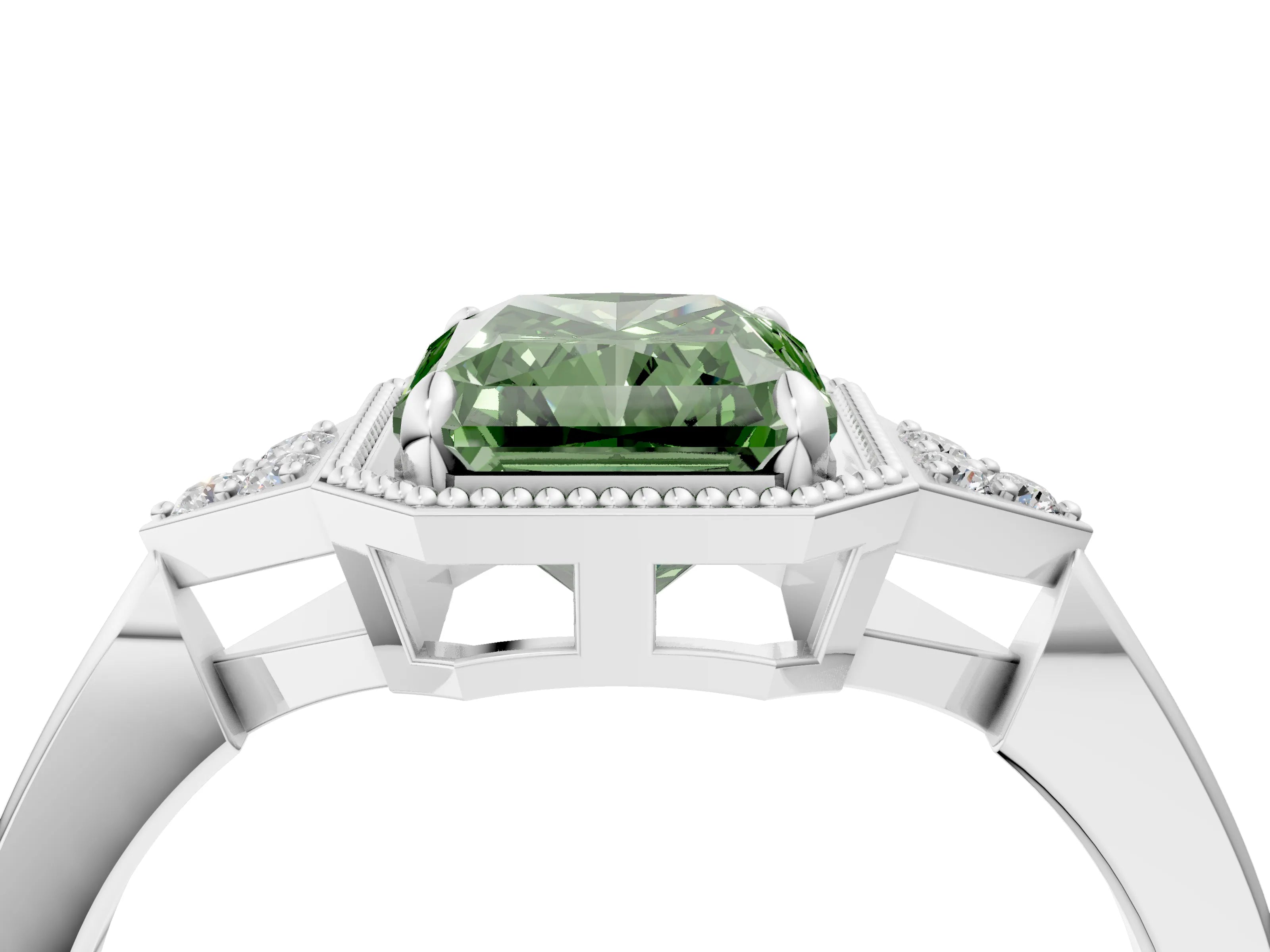 White gold Hexagonal Halo Fancy Green Radiant Cut Diamond Solitaire with Pavé Band and Four-Prong Setting_19