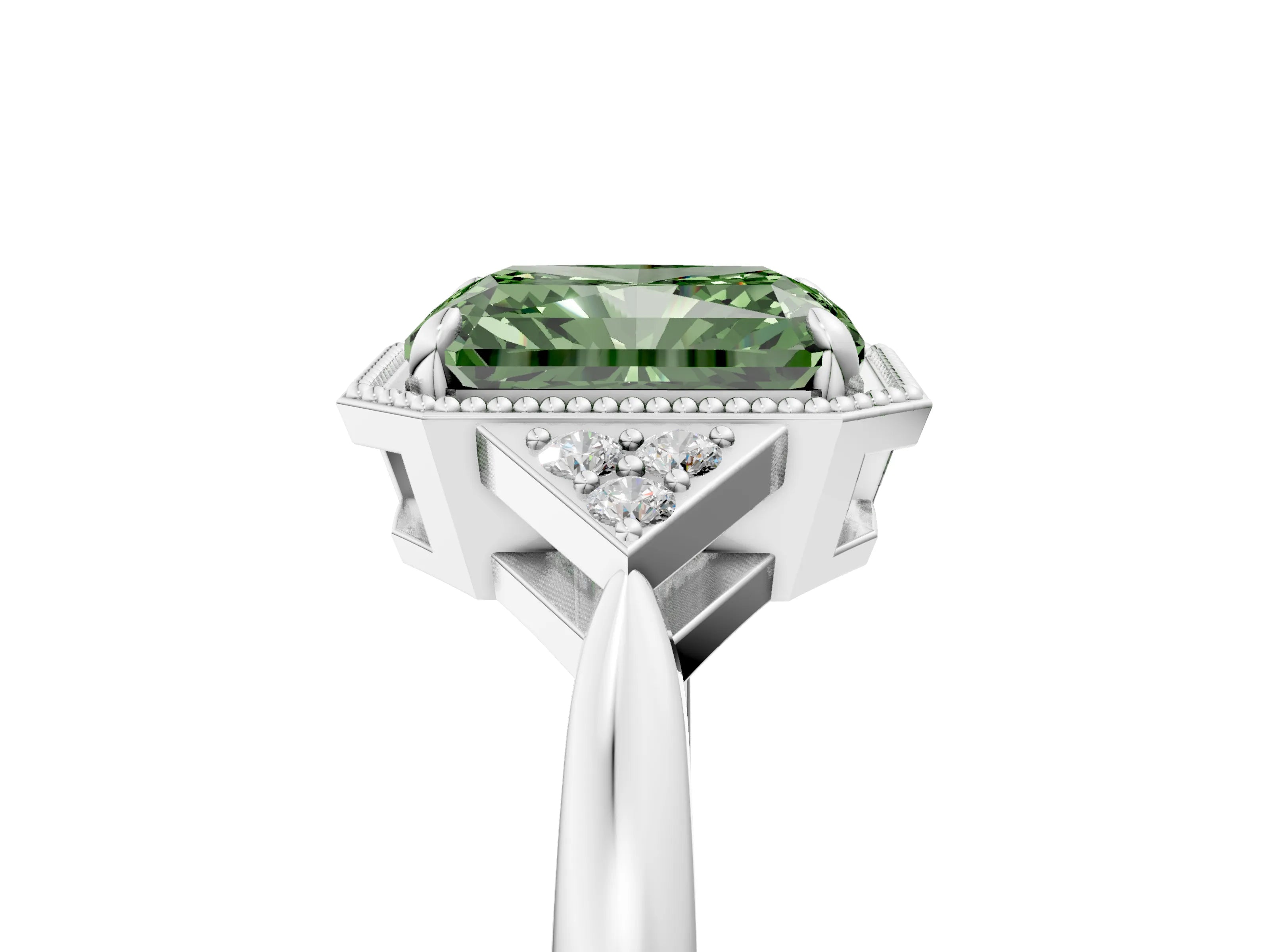 White gold Hexagonal Halo Fancy Green Radiant Cut Diamond Solitaire with Pavé Band and Four-Prong Setting_20