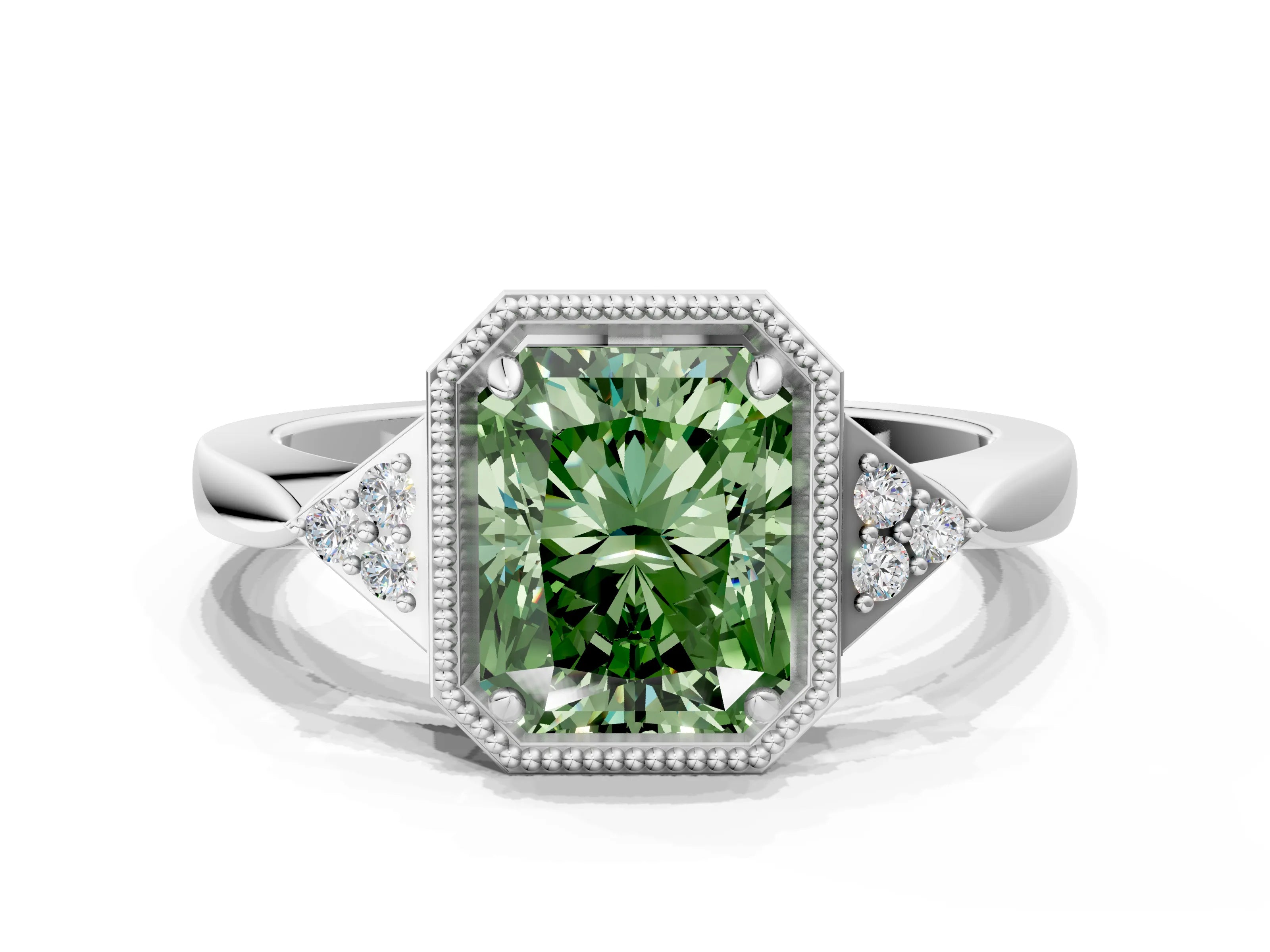 White gold Hexagonal Halo Fancy Green Radiant Cut Diamond Solitaire with Pavé Band and Four-Prong Setting_3