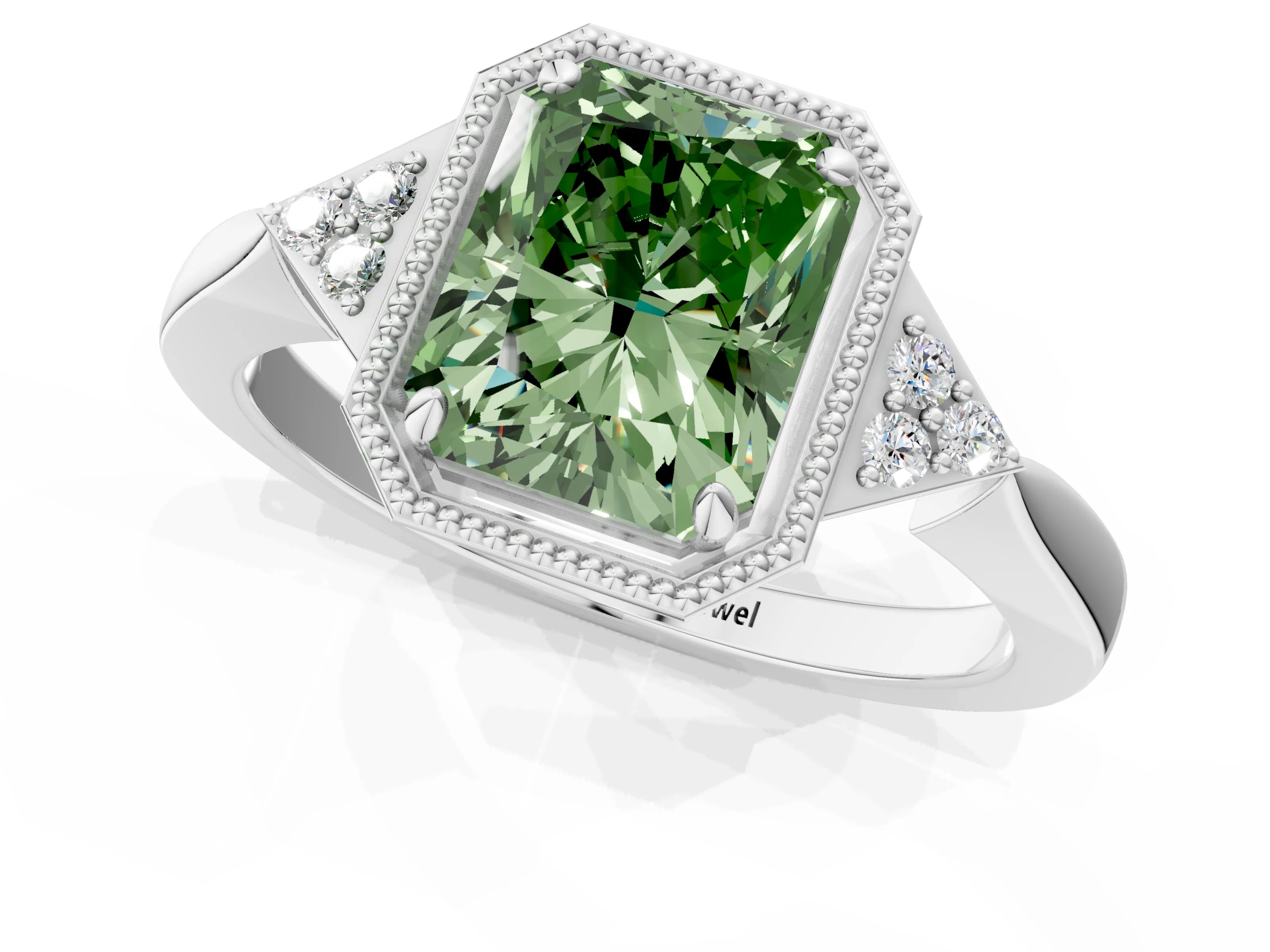 White gold Hexagonal Halo Fancy Green Radiant Cut Diamond Solitaire with Pavé Band and Four-Prong Setting_4