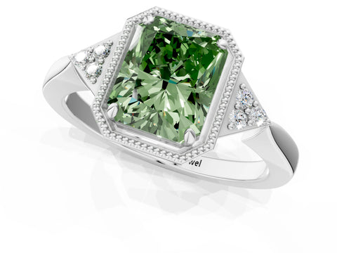 White gold Hexagonal Halo Fancy Green Radiant Cut Diamond Solitaire with Pavé Band and Four-Prong Setting_4