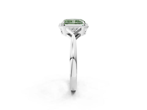 White gold Hexagonal Halo Fancy Green Radiant Cut Diamond Solitaire with Pavé Band and Four-Prong Setting_5