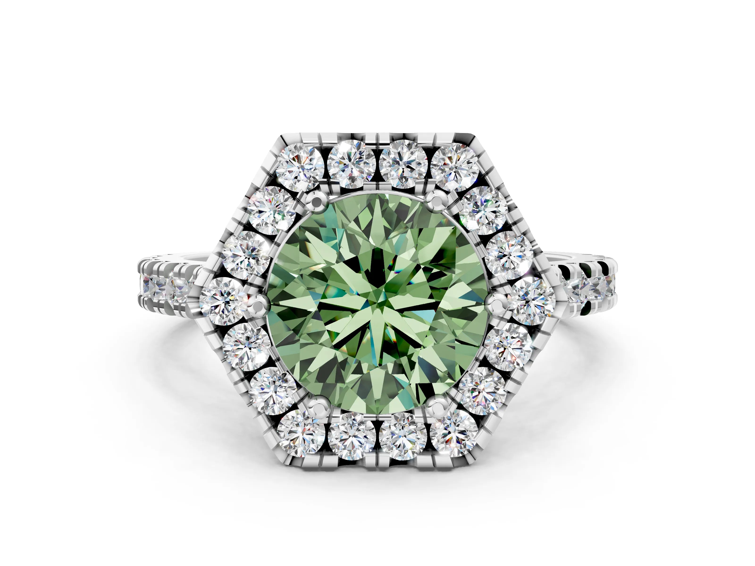 White gold Hexagonal Halo Fancy Green Round Cut Diamond Pavé Band with Four-Prong Setting_24