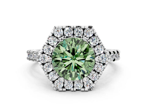 White gold Hexagonal Halo Fancy Green Round Cut Diamond Pavé Band with Four-Prong Setting_24