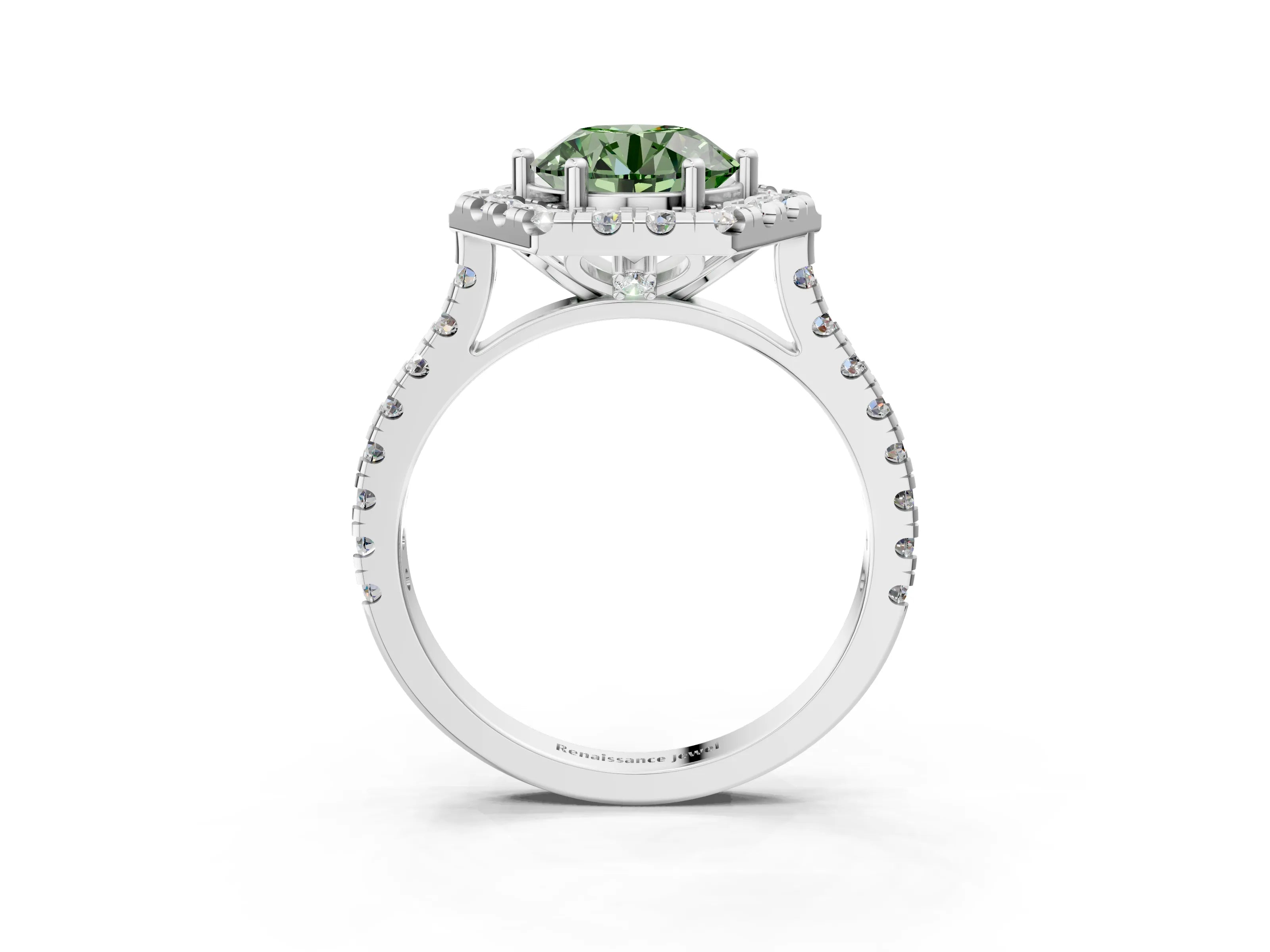 White gold Hexagonal Halo Fancy Green Round Cut Diamond Pavé Band with Four-Prong Setting_27