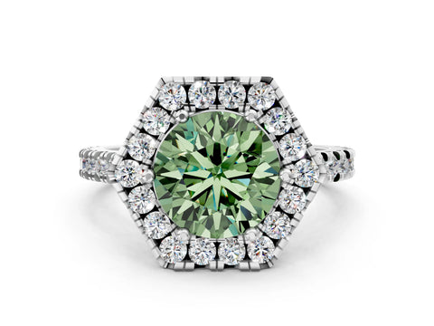 White gold Hexagonal Halo Fancy Green Round Cut Diamond Pavé Band with Four-Prong Setting_30