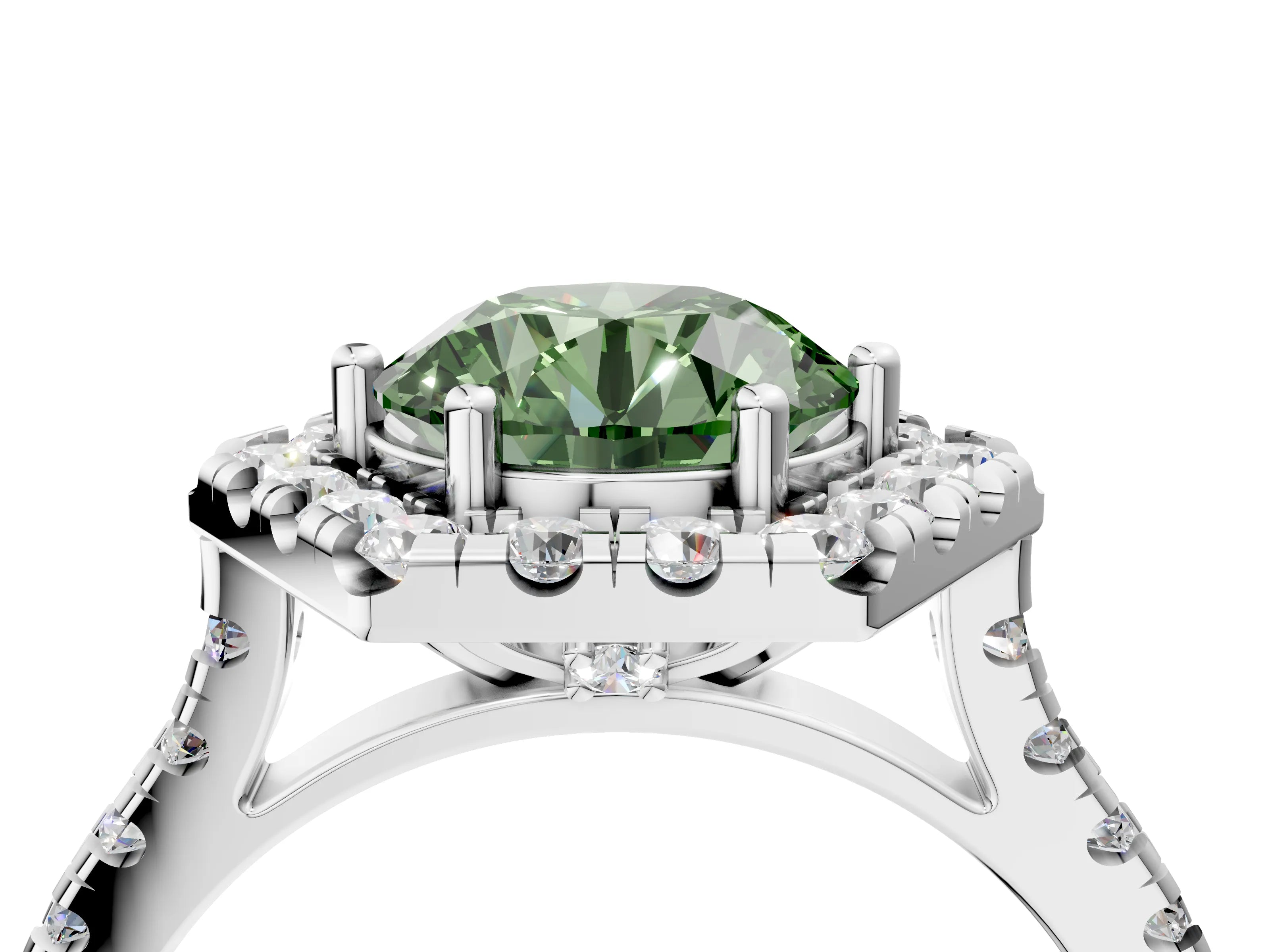 White gold Hexagonal Halo Fancy Green Round Cut Diamond Pavé Band with Four-Prong Setting_34