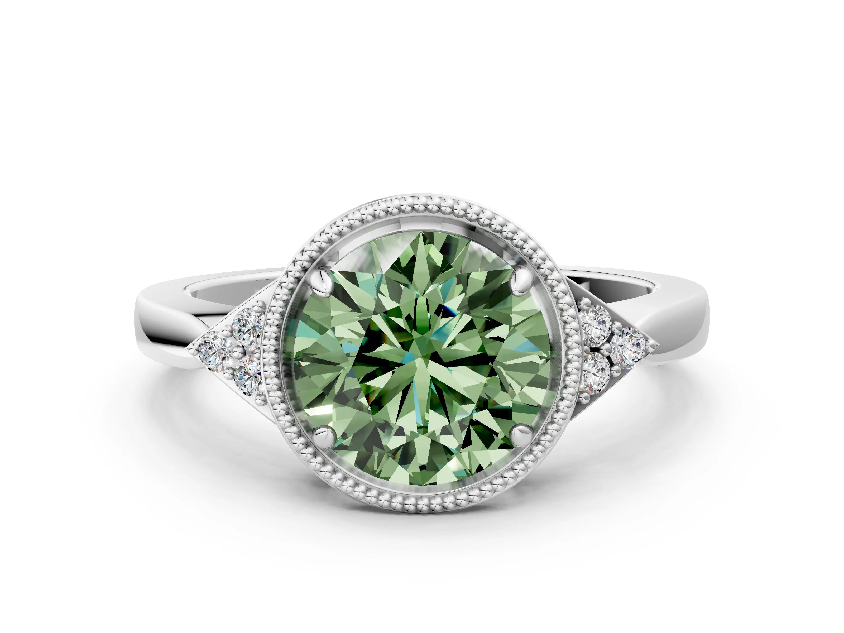 White gold Hexagonal Halo Fancy Green Round Cut Diamond Solitaire with Pavé Band and Four-Prong Setting_15