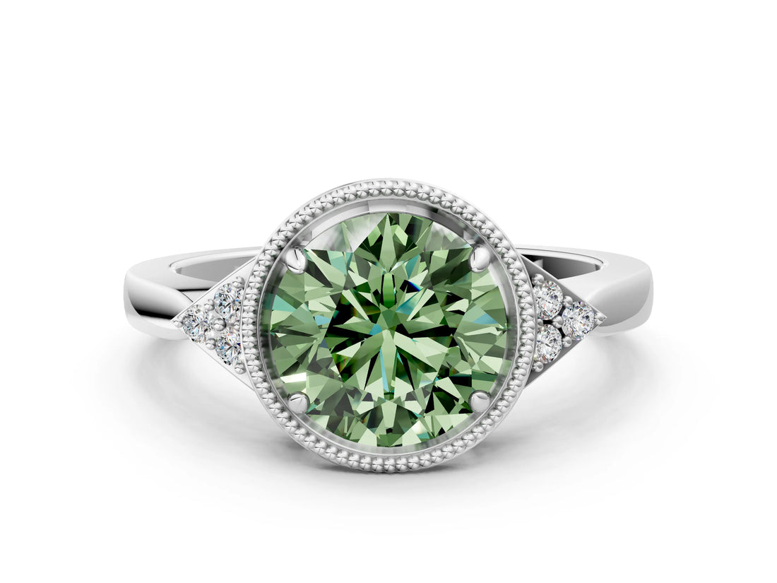 White gold Hexagonal Halo Fancy Green Round Cut Diamond Solitaire with Pavé Band and Four-Prong Setting_15