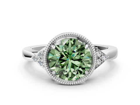 White gold Hexagonal Halo Fancy Green Round Cut Diamond Solitaire with Pavé Band and Four-Prong Setting_15