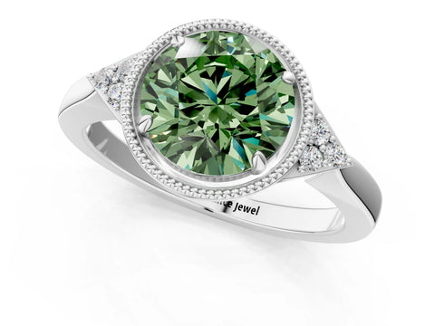 White gold Hexagonal Halo Fancy Green Round Cut Diamond Solitaire with Pavé Band and Four-Prong Setting_16