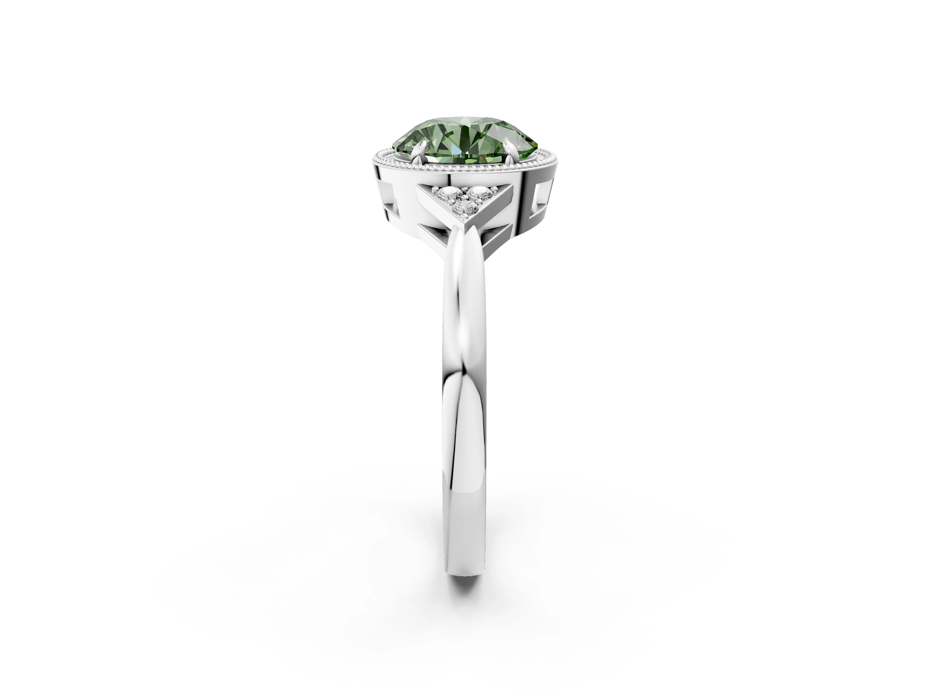 White gold Hexagonal Halo Fancy Green Round Cut Diamond Solitaire with Pavé Band and Four-Prong Setting_17