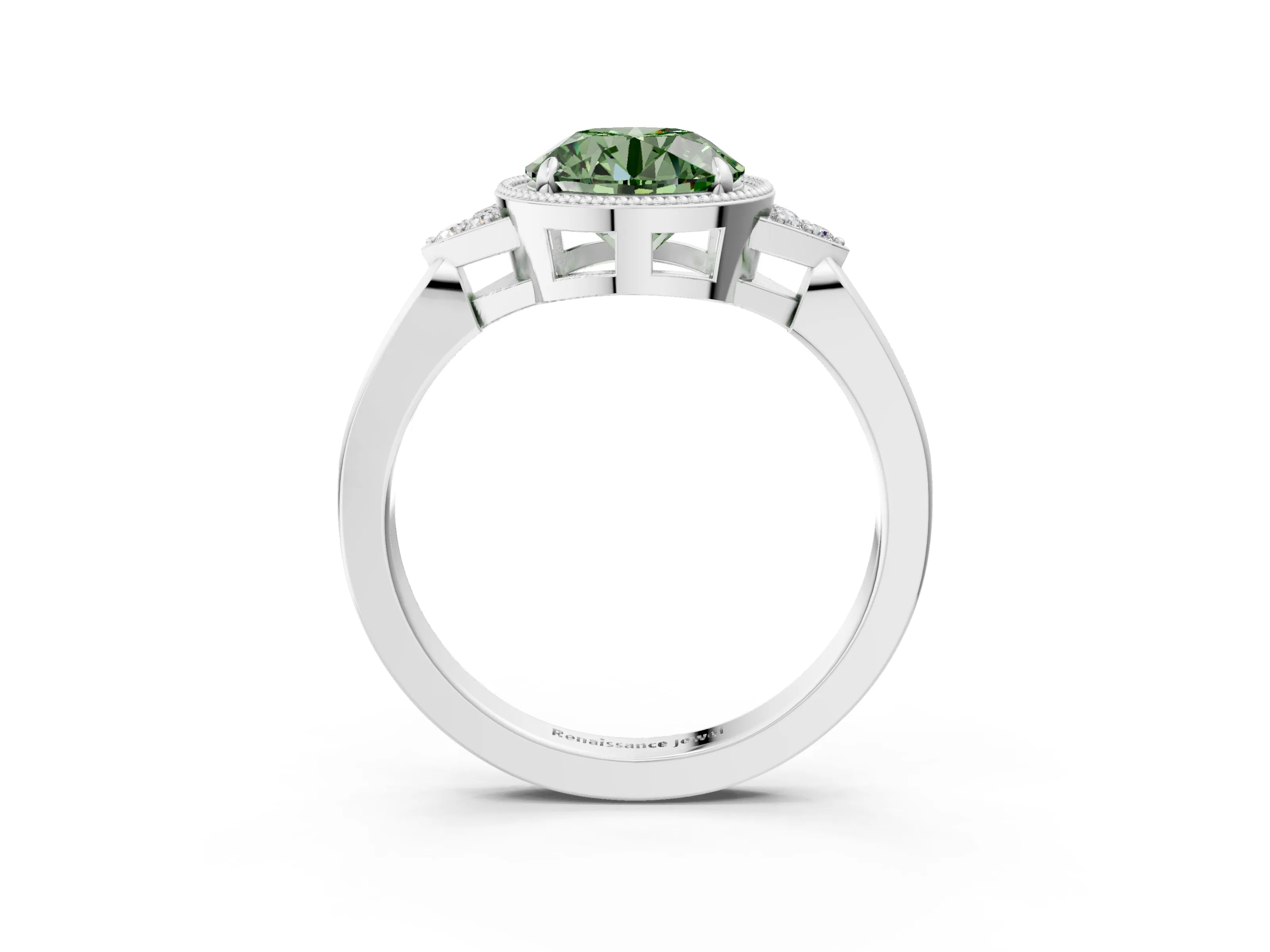 White gold Hexagonal Halo Fancy Green Round Cut Diamond Solitaire with Pavé Band and Four-Prong Setting_18