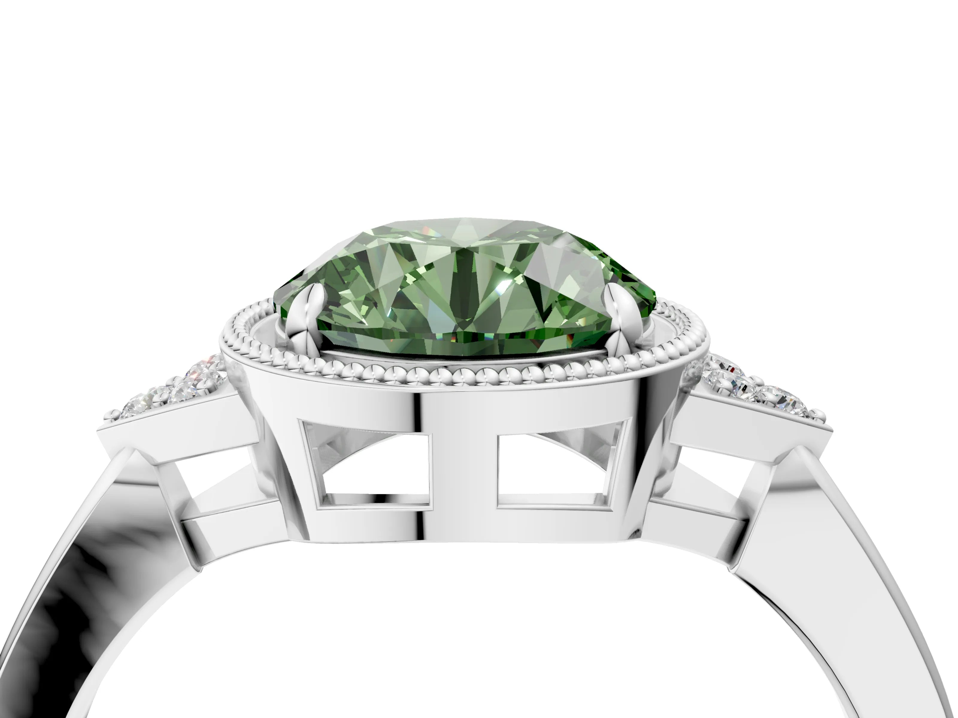 White gold Hexagonal Halo Fancy Green Round Cut Diamond Solitaire with Pavé Band and Four-Prong Setting_19