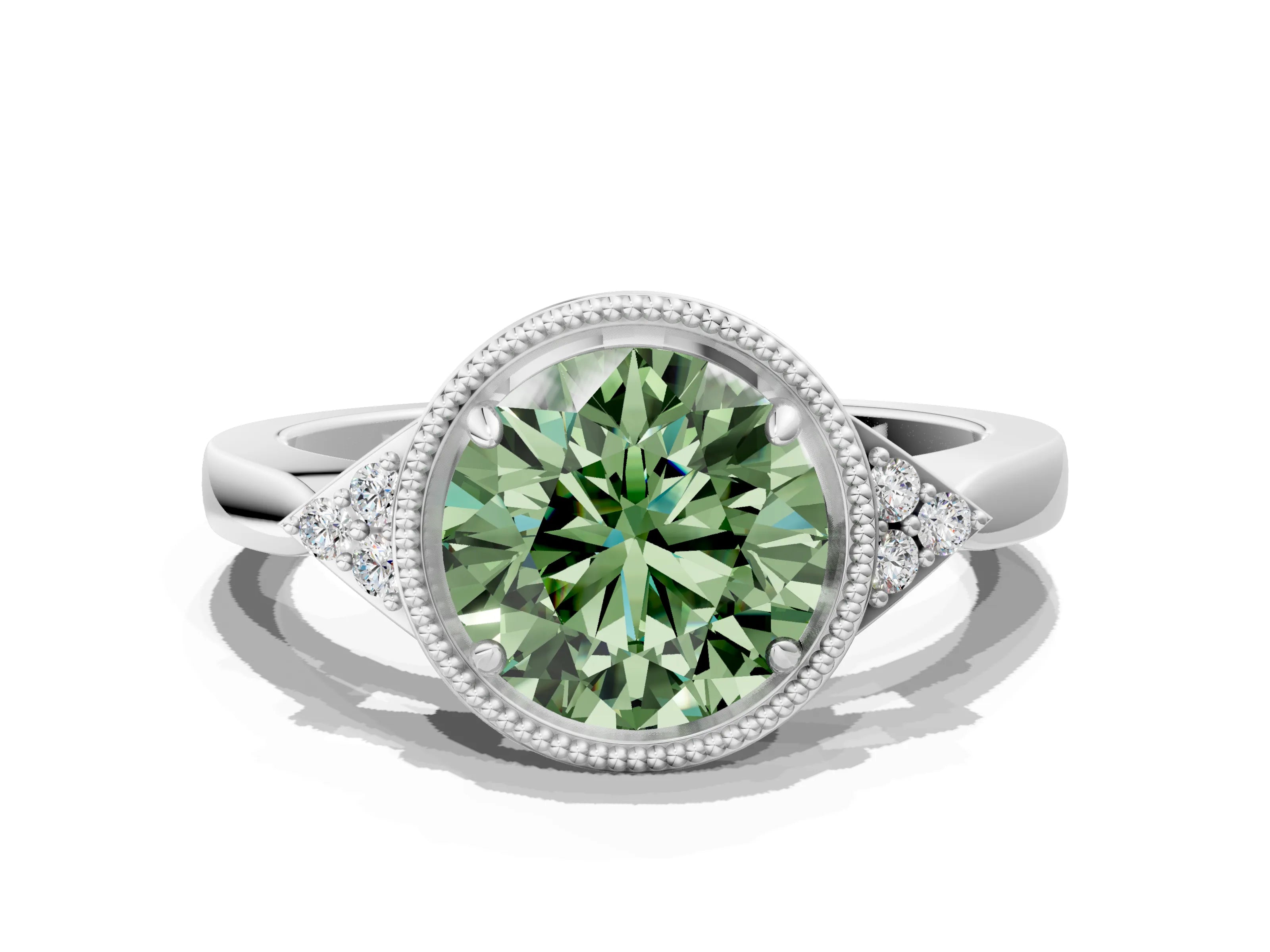 White gold Hexagonal Halo Fancy Green Round Cut Diamond Solitaire with Pavé Band and Four-Prong Setting_3