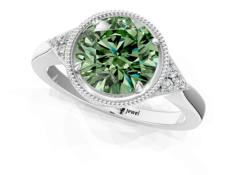 White gold Hexagonal Halo Fancy Green Round Cut Diamond Solitaire with Pavé Band and Four-Prong Setting_4