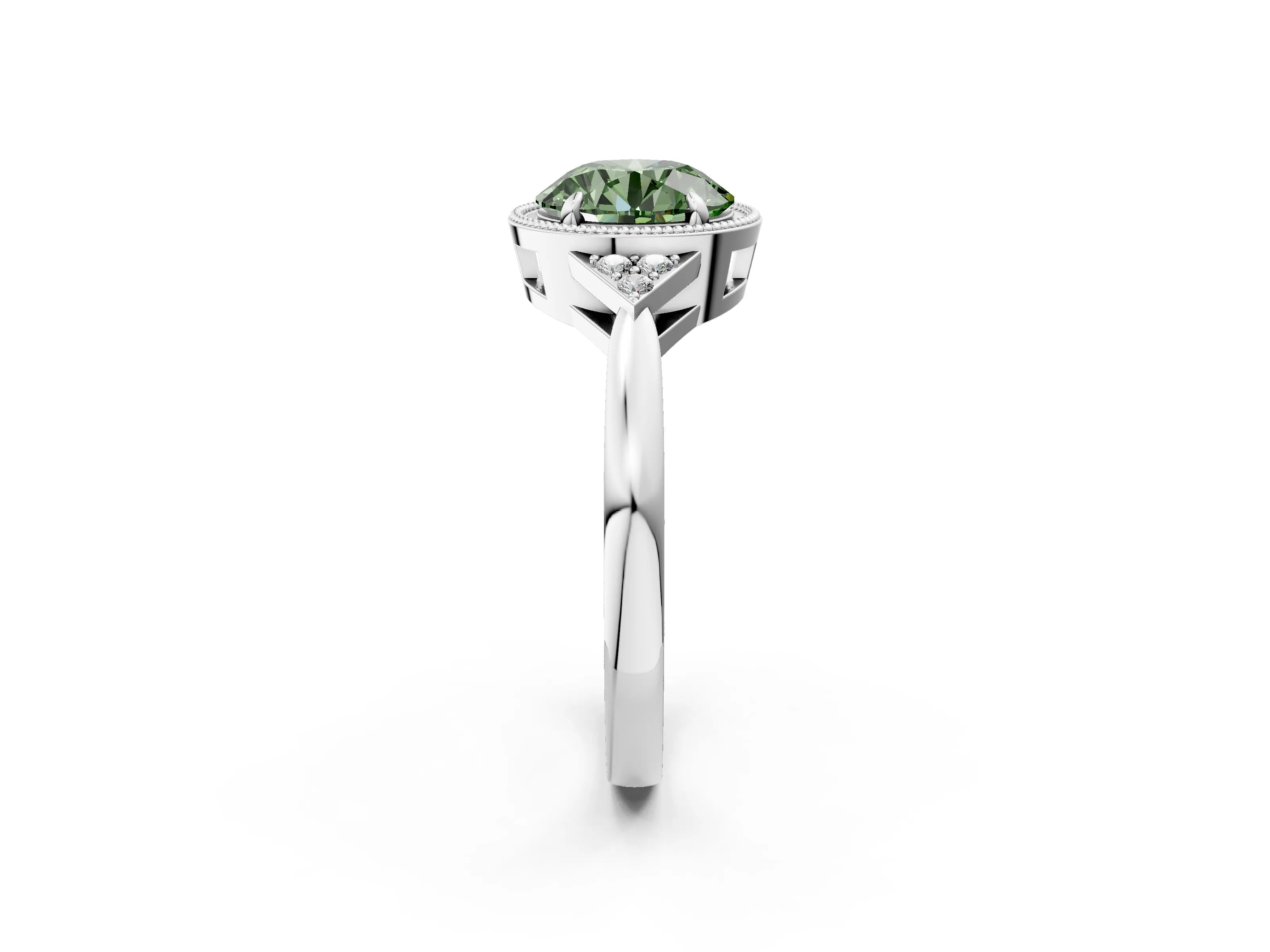 White gold Hexagonal Halo Fancy Green Round Cut Diamond Solitaire with Pavé Band and Four-Prong Setting_5