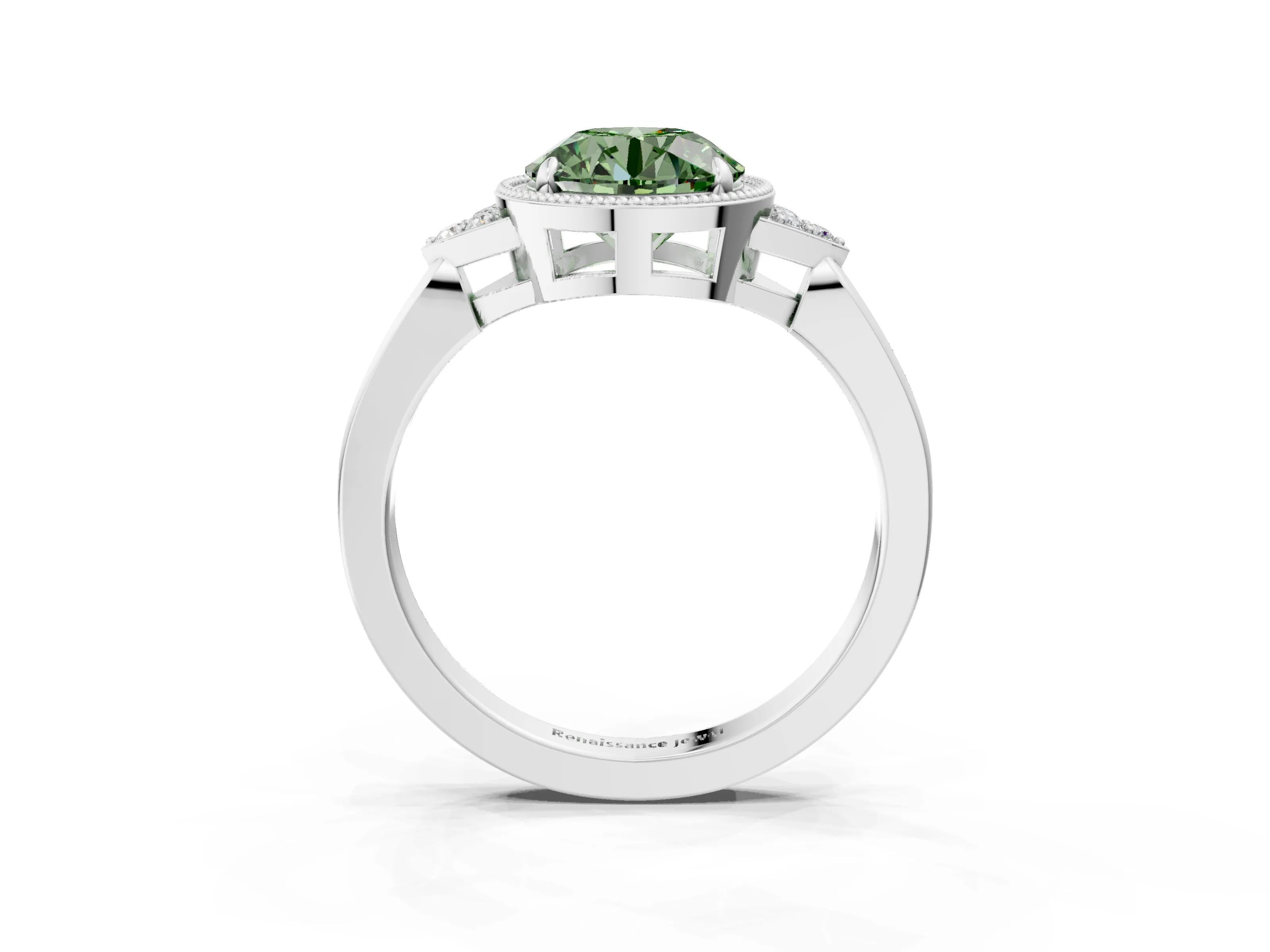 White gold Hexagonal Halo Fancy Green Round Cut Diamond Solitaire with Pavé Band and Four-Prong Setting_6