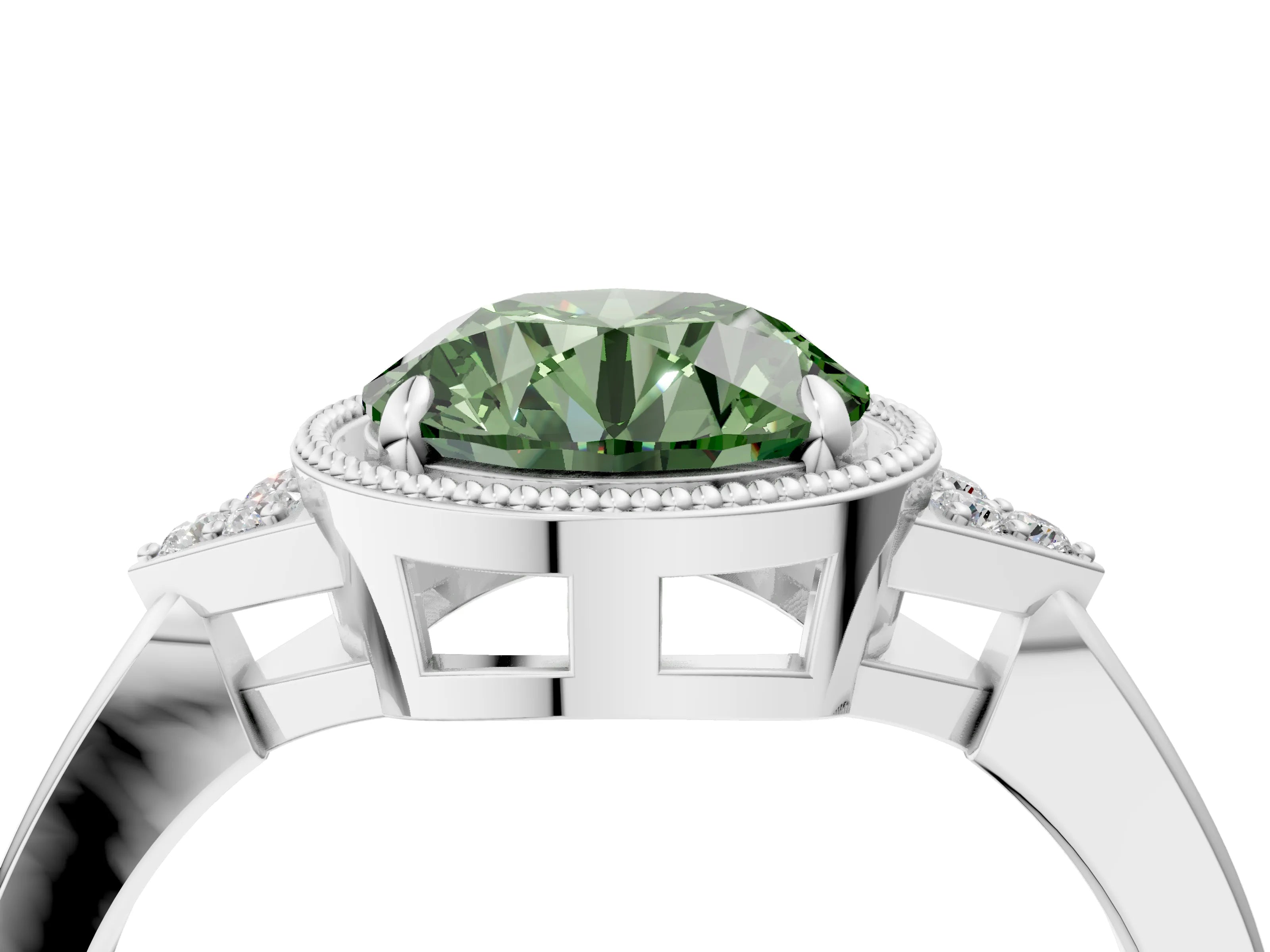 White gold Hexagonal Halo Fancy Green Round Cut Diamond Solitaire with Pavé Band and Four-Prong Setting_7